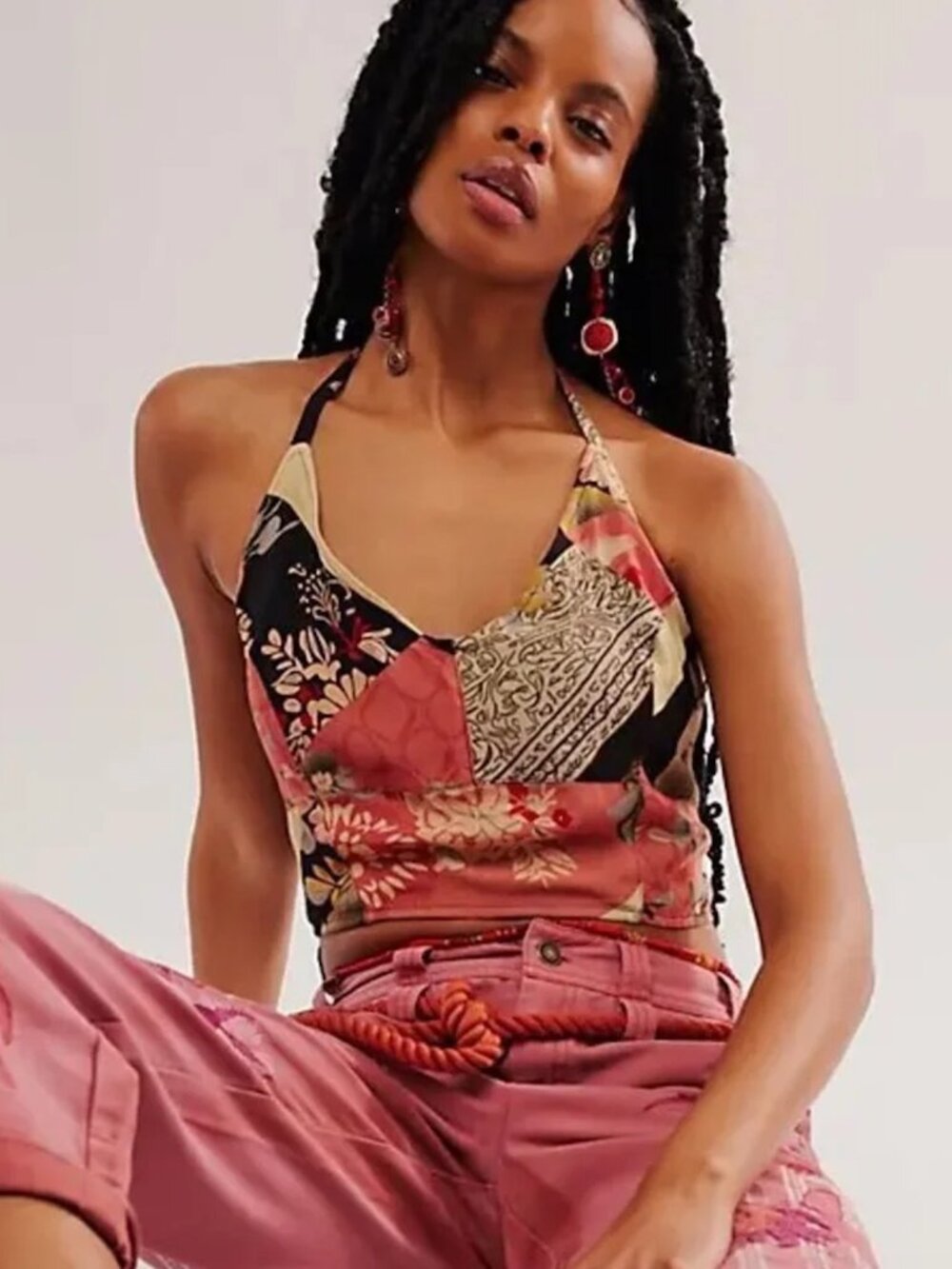Free People Rae Halter Top XS Patchwork Pink Black